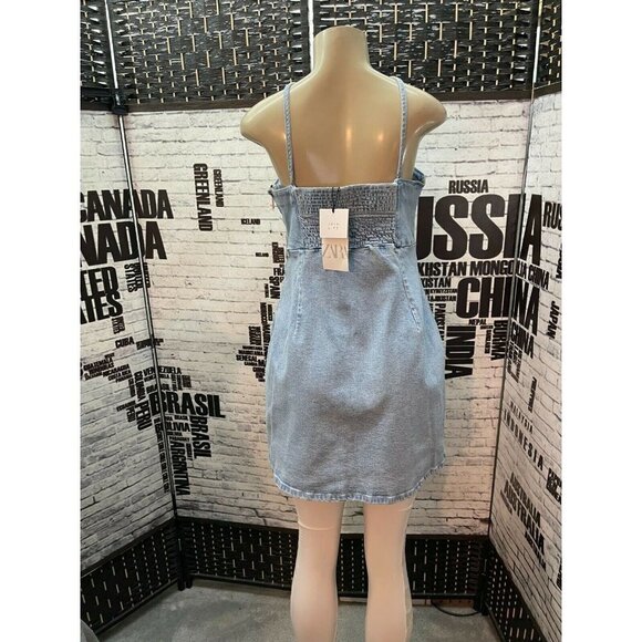 Zara Jrs XXL Light Blue Denim Side Zip Body-Con Spaghetti Strap Mini Dress - Picture 4 of 6